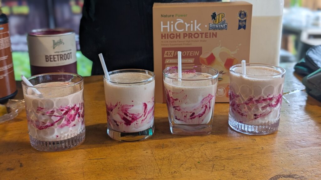 Proteinshake in classes with a taste of beetroot