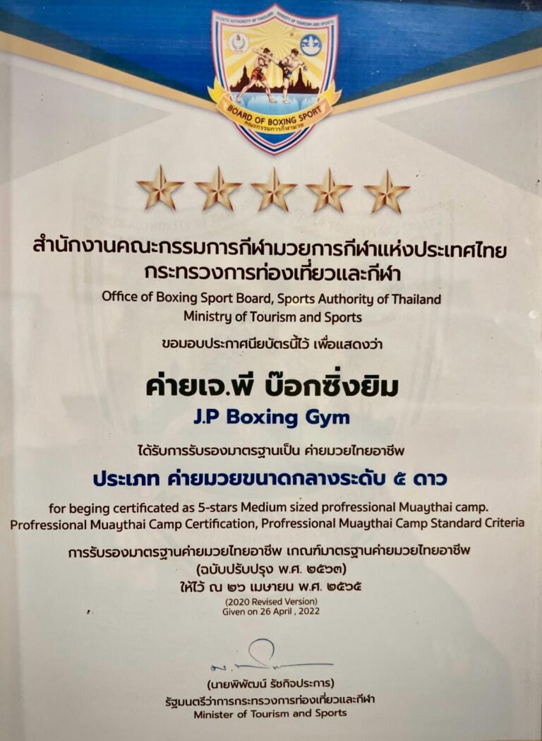 JP Boxing Gym Certificate of excellence